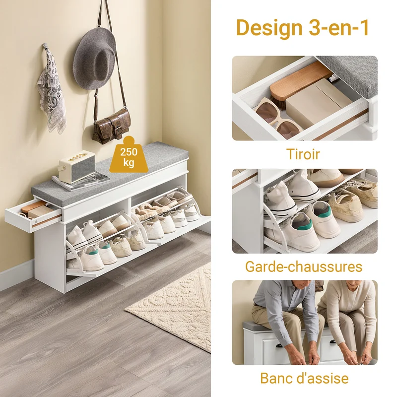 SoBuy FSR64-WG Meuble à Chaussures avec Banc d'Entrée, Coffre et Coussin – Slim 24 cm, Effet Bois Blanc