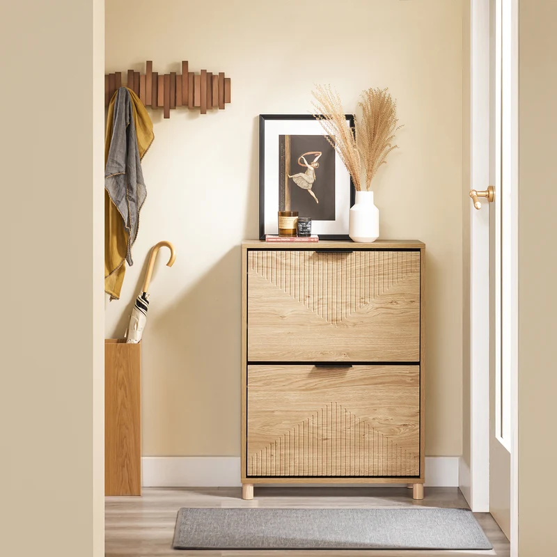SoBuy FSR200-II-N Meuble à Chaussures 2 Abattants – 8 Paires, Pointure EU 47, Étagères Modulables, Anti-Basculement, 60×24×83 cm, Bois Clair