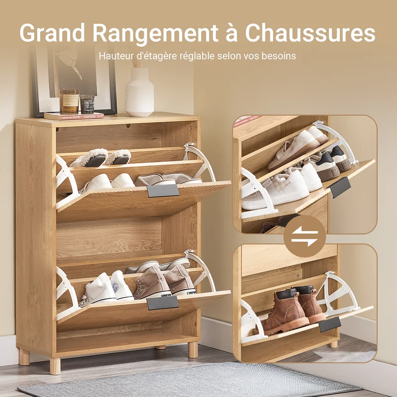 SoBuy FSR200-II-N Meuble à Chaussures 2 Abattants – 8 Paires, Pointure EU 47, Étagères Modulables, Anti-Basculement, 60×24×83 cm, Bois Clair