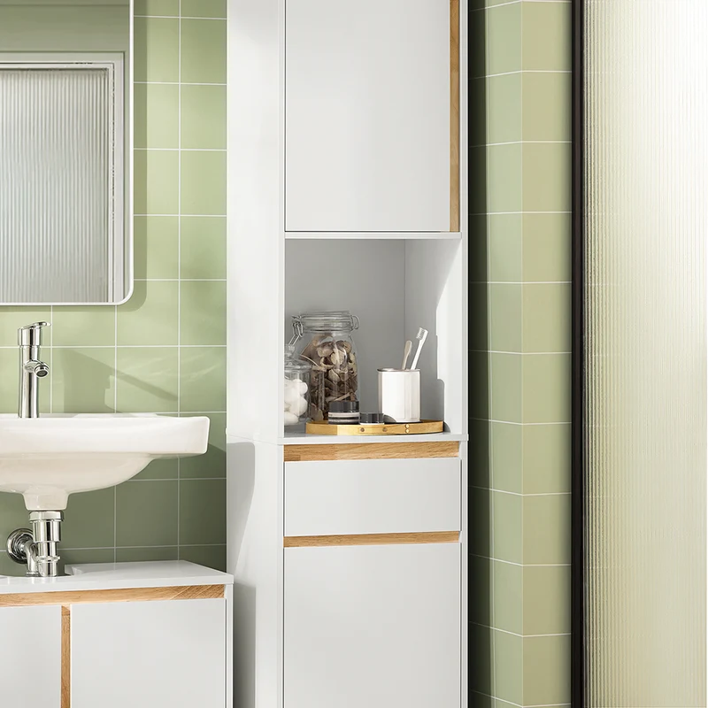 SoBuy BZR80-W Colonne de Salle de Bain 170 cm – Tiroir, Portes et Étagère Ouverte – Blanc