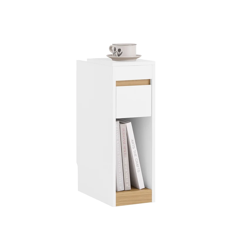 SoBuy FBT163-WN Table de Chevet Slim avec Tiroir, Plateau Amovible et Découpe pour Plinthe – L20×P35×H60 cm, Charge 20 kg, Blanc et Naturel