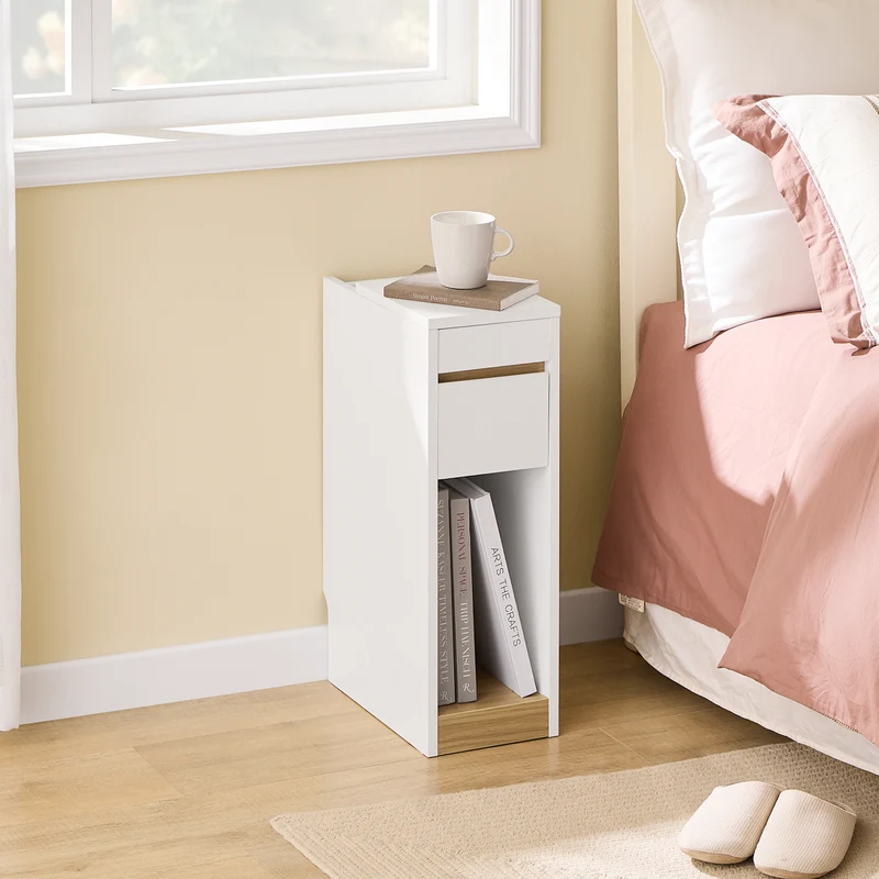 SoBuy FBT163-WN Table de Chevet Slim avec Tiroir, Plateau Amovible et Découpe pour Plinthe – L20×P35×H60 cm, Charge 20 kg, Blanc et Naturel