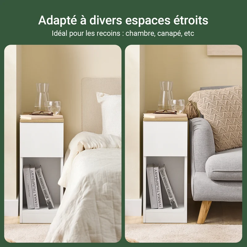 SoBuy FBT162-WN Table d'Appoint Étroite 65×25×60 cm – 1 Compartiment, 2 Tiroirs, Charnières Silencieuses, Blanc et Naturel