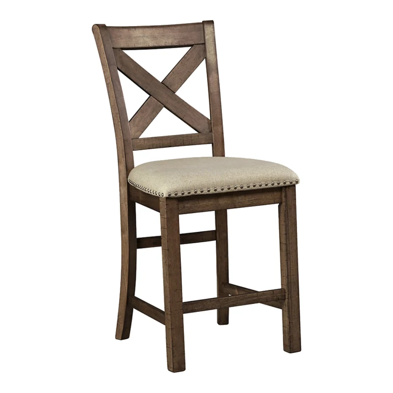 Ensemble de 2 tabourets de bar en bois avec assise rembourrée en tissu beige - Moriville