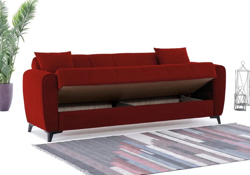 Canapé Turc Pas Cher - Lit & Coffre de Rangement – Velours Rouge LARA