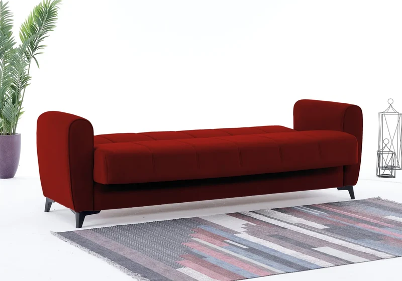 Canapé Turc Pas Cher - Lit & Coffre de Rangement – Velours Rouge LARA