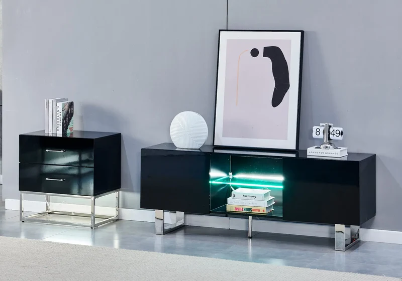 Petit meuble rangement argent laqué noir - Line