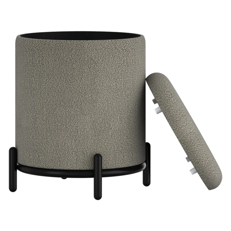 Pouf de rangement en tissu bouclé et métal noir - Castor