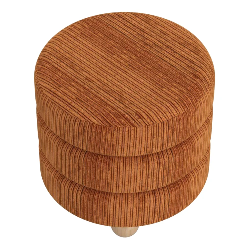 Pouf rond en tissu canalisé et bois naturel - Willo