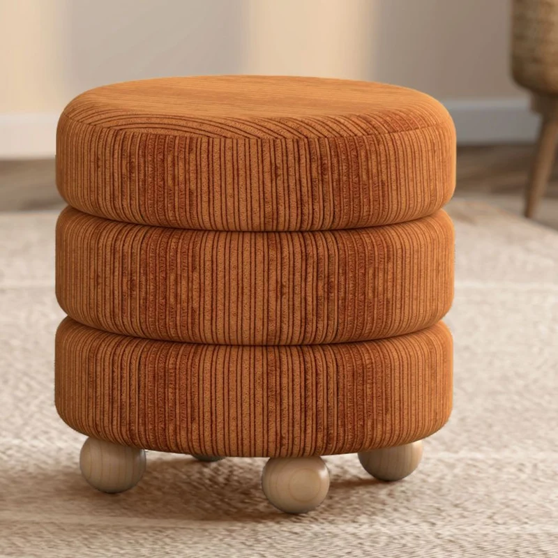 Pouf rond en tissu canalisé et bois naturel - Willo