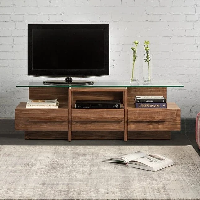 Meuble de télévision en verre et bois de noyer avec 3 tiroirs - Ross