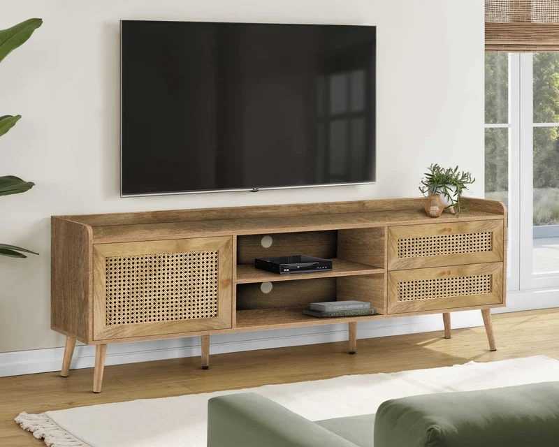 Meuble de télévision en stratifié noyer clair et rotin avec rangement - I 2723