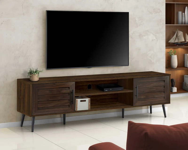 Meuble de télévision en stratifié effet bois brun à 2 portes - I 2717