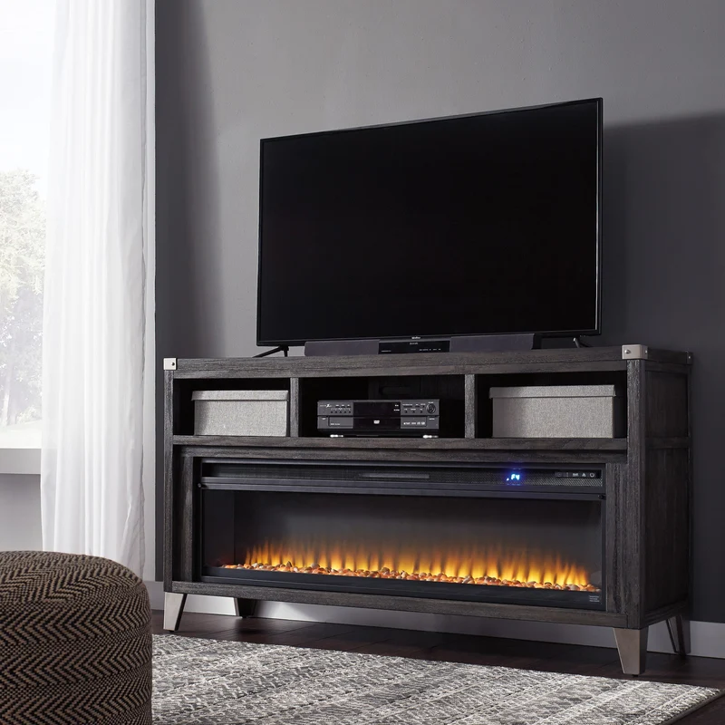 Meuble de télévision en bois/placage gris foncé avec foyer électrique - Todoe