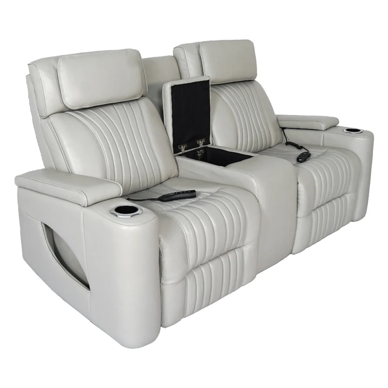 Causeuse inclinable motorisée zéro gravité en cuir gris pâle avec console - K2180