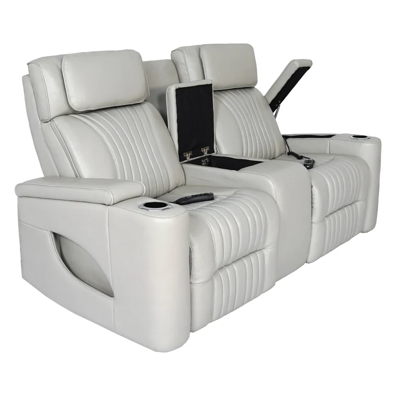Causeuse inclinable motorisée zéro gravité en cuir gris pâle avec console - K2180