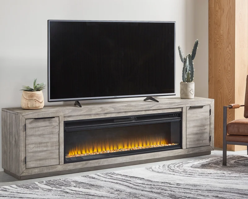 Meuble de télévision en bois gris pâle avec foyer électrique - Naydell
