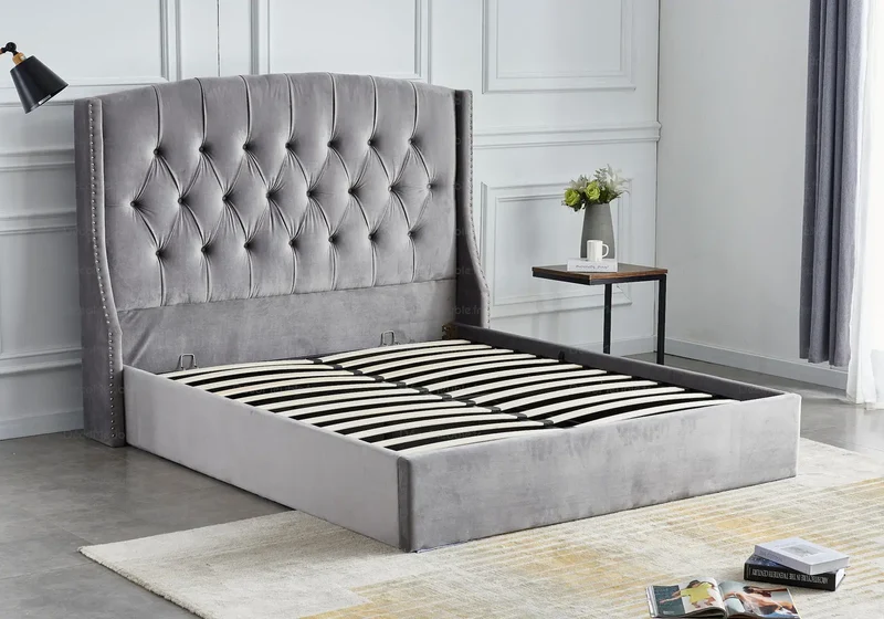 Lit coffre capitonné velours gris - Gina