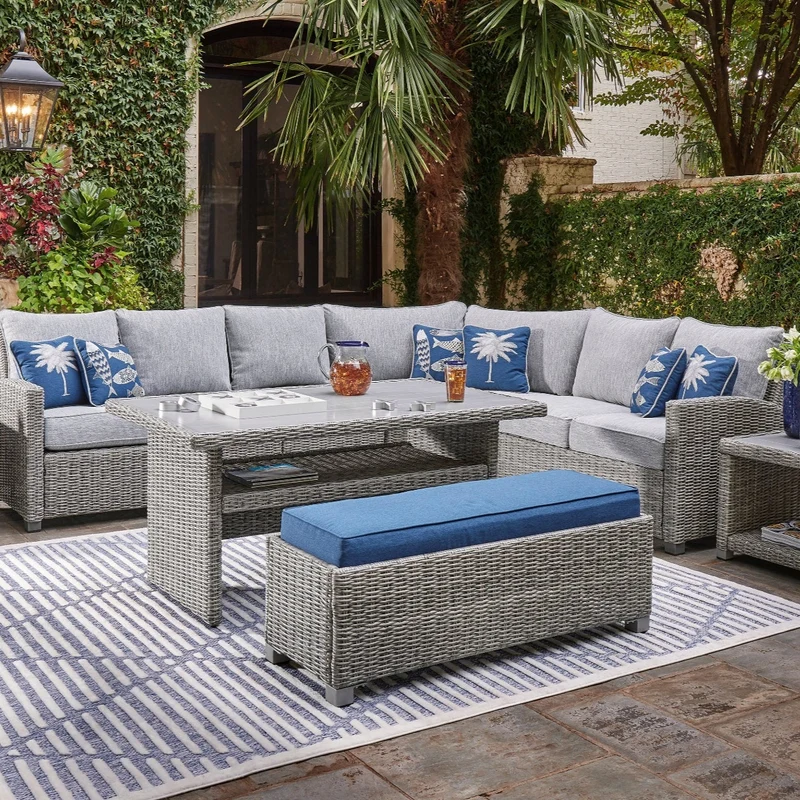 Banc extérieur en tissu Nuvella bleu et en osier gris pâle - Naples Beach