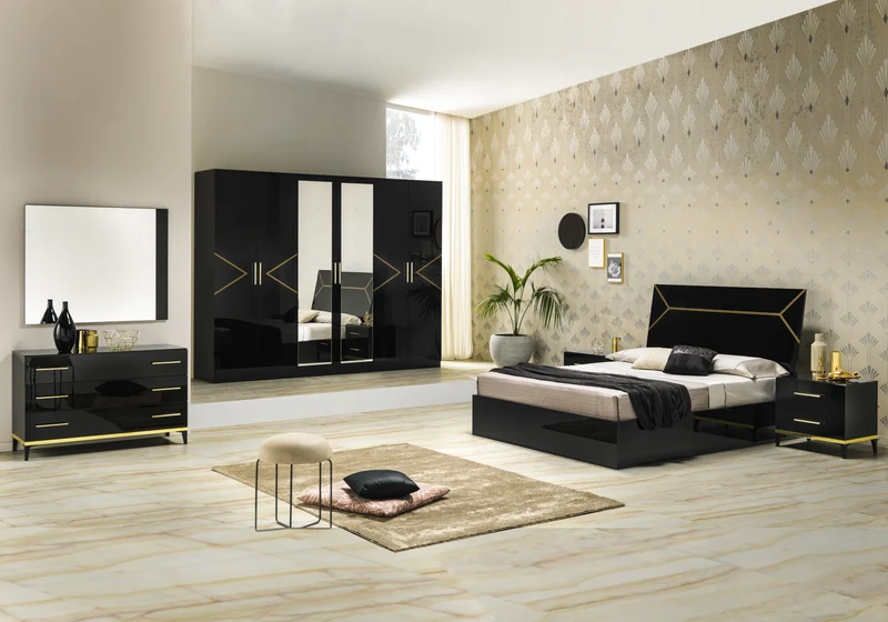 Chambre complète laquée noire et dorée - NOX