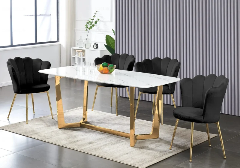 Chaise de table coquillage velours argent pieds noir - Nymea x2