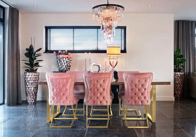 Chaise capitonnée pied croisé doré rose poudré - Enzo x2