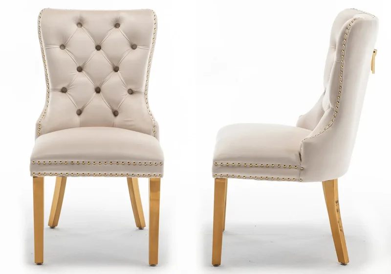 Chaises en velours beige avec poignée dorée - Lora x2