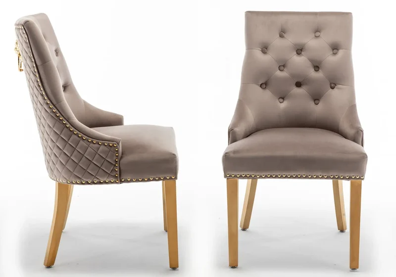 Chaise capitonnée velours moka tête de lion dorée - Lion x2