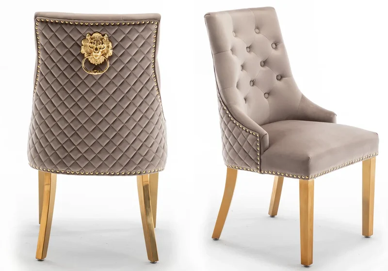 Chaise capitonnée velours moka tête de lion dorée - Lion x2