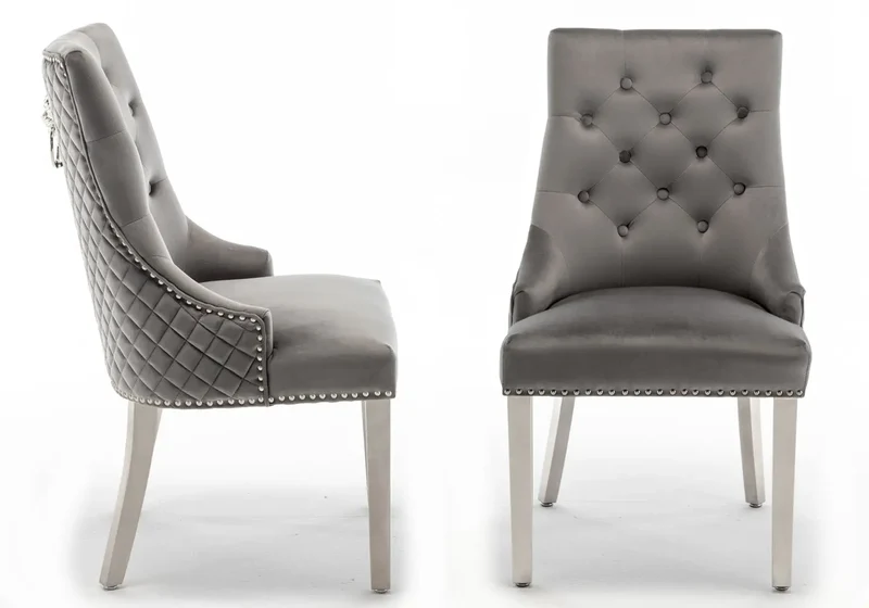 Chaise capitonnée velours gris tête de lion argent - Lion x2