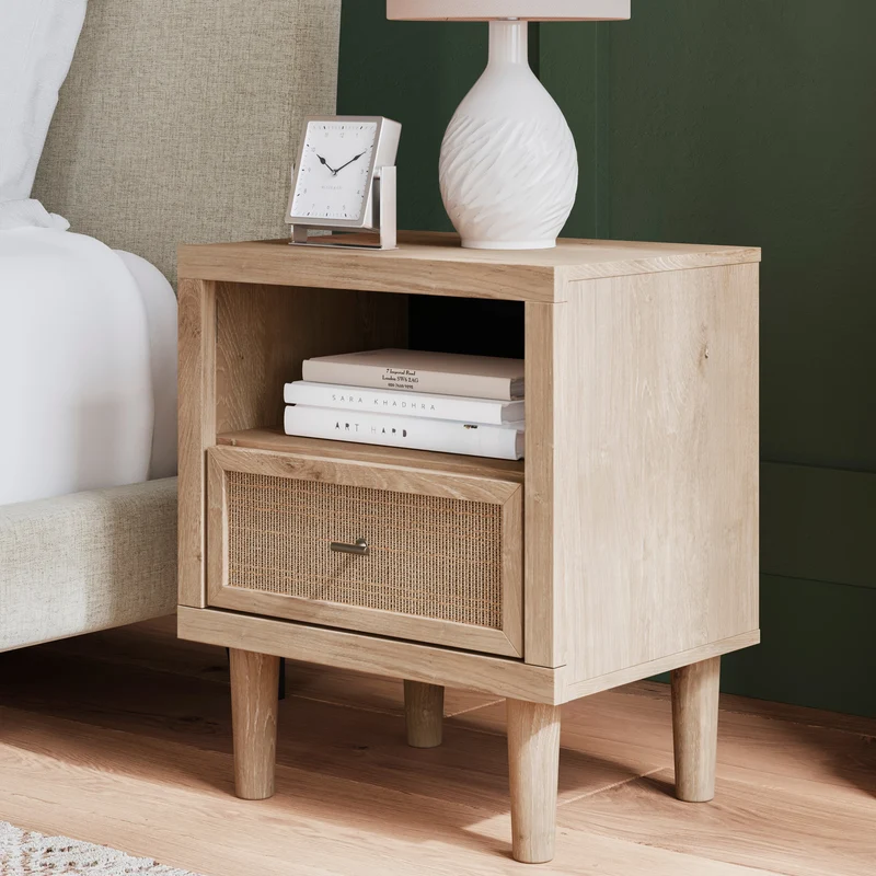 Table de chevet à 1 tiroir en bois/placage beige avec lumière DEL - Cielden
