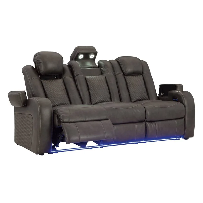 Sofa inclinable motorisé aspect cuir gris foncé avec table centrale rabattable - Mountainous