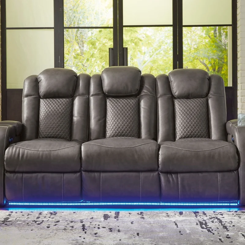 Sofa inclinable motorisé aspect cuir gris foncé avec table centrale rabattable - Mountainous