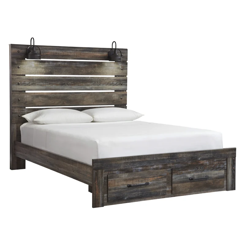 Lit complet en bois/MDF multi gris avec rangement et lumières DEL Grand - Drystan