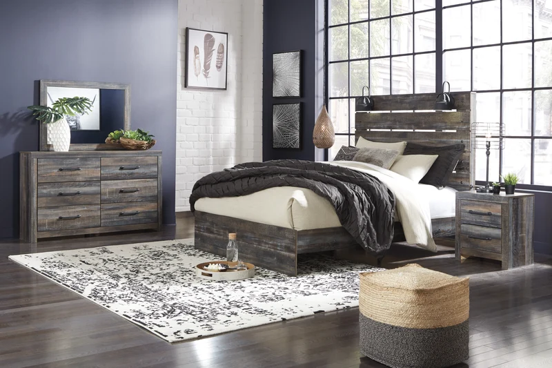 Lit complet en bois/MDF multi gris avec rangement et lumières DEL Grand - Drystan