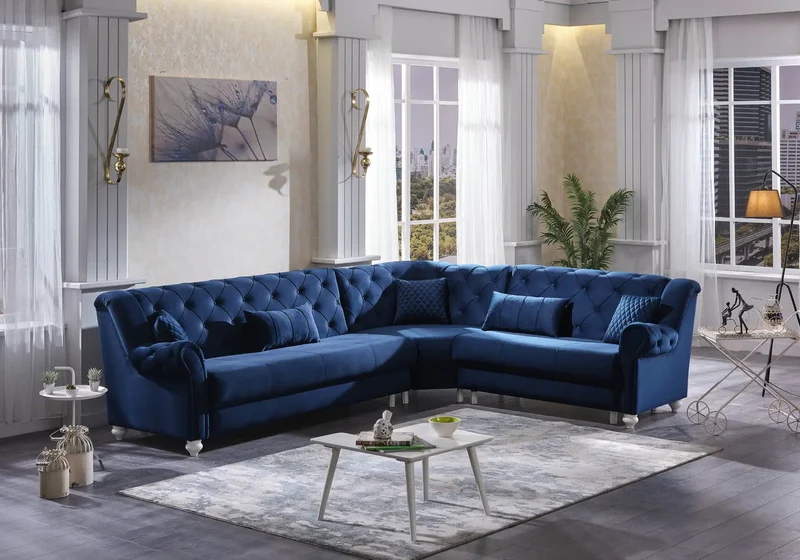 Canapé d’angle capitonné velours bleu – MEVA
