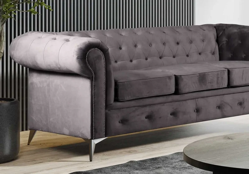 Canapé Chesterfield velours anthracite - Hugo