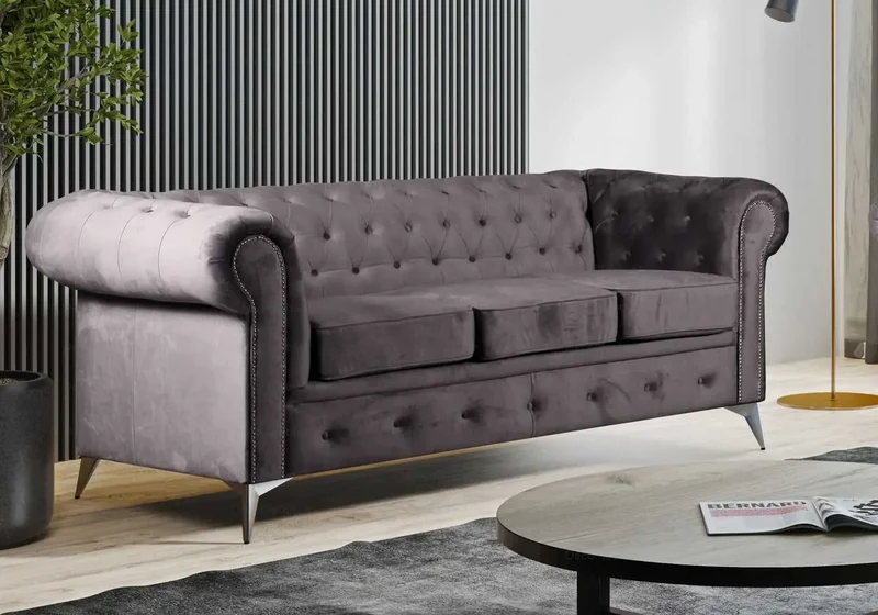 Canapé Chesterfield velours anthracite - Hugo