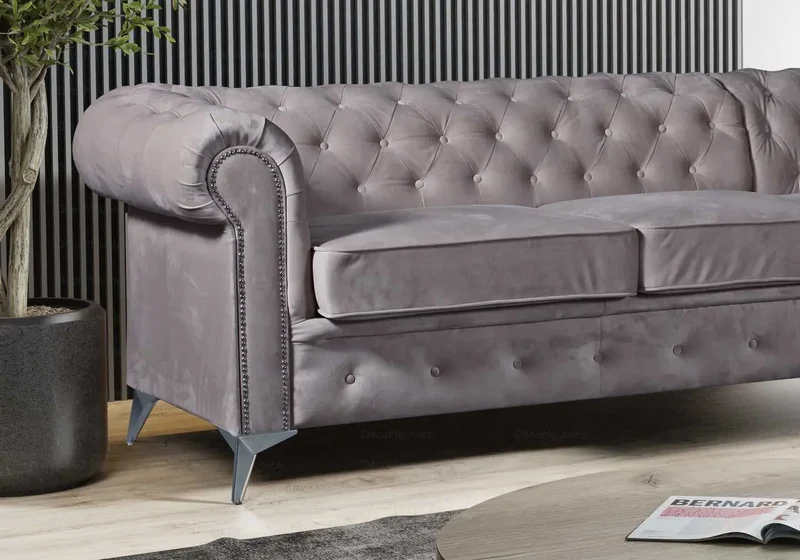 Canapé angle Chesterfield velours gris - Hugo