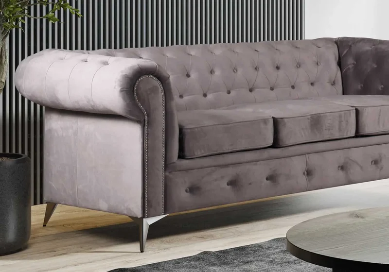Canapé Chesterfield velours gris - Hugo