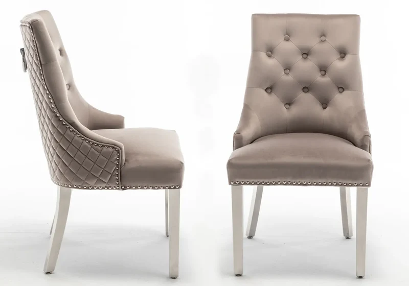 Chaise capitonnée velours moka anneau argent - Lidy x2