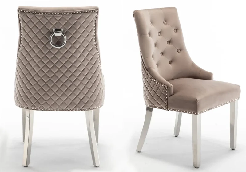 Chaise capitonnée velours moka anneau argent - Lidy x2