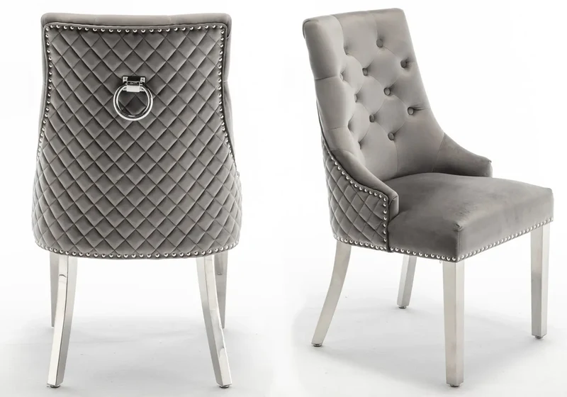 Chaise capitonnée velours anthracite anneau argent - Lidy x2