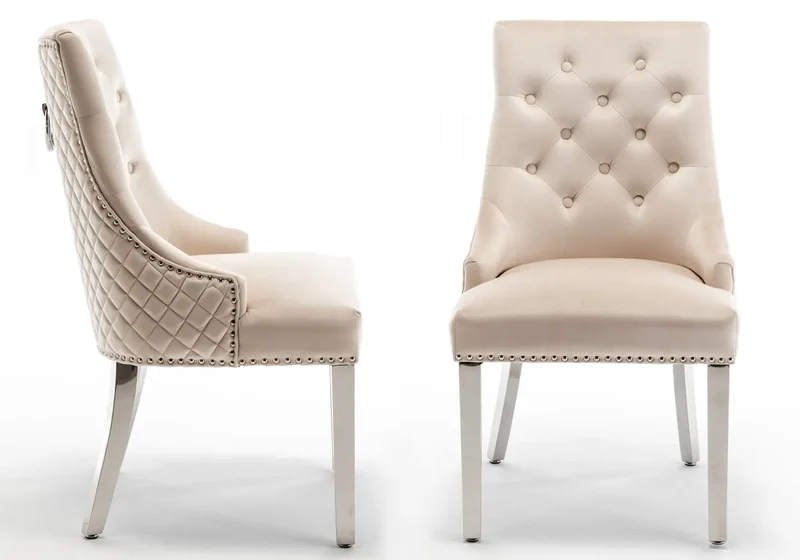 Chaise capitonnée velours beige anneau argent - Lidy x2