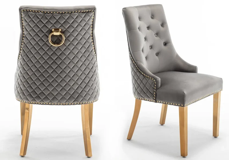 Chaise capitonnée velours anthracite anneau doré - Lidy x2