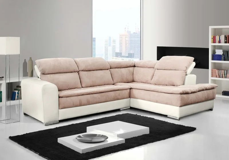 Canapé cuir et tissu taupe avec têtières - Clyde