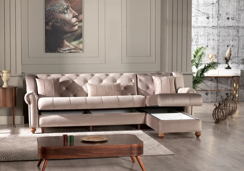 Canapé méridienne capitonné velours beige – MEVA