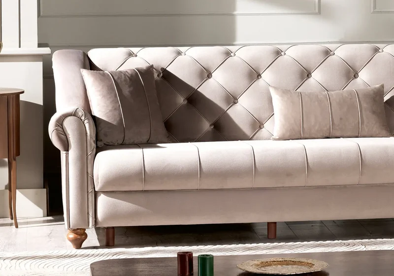 Canapé méridienne capitonné velours beige – MEVA