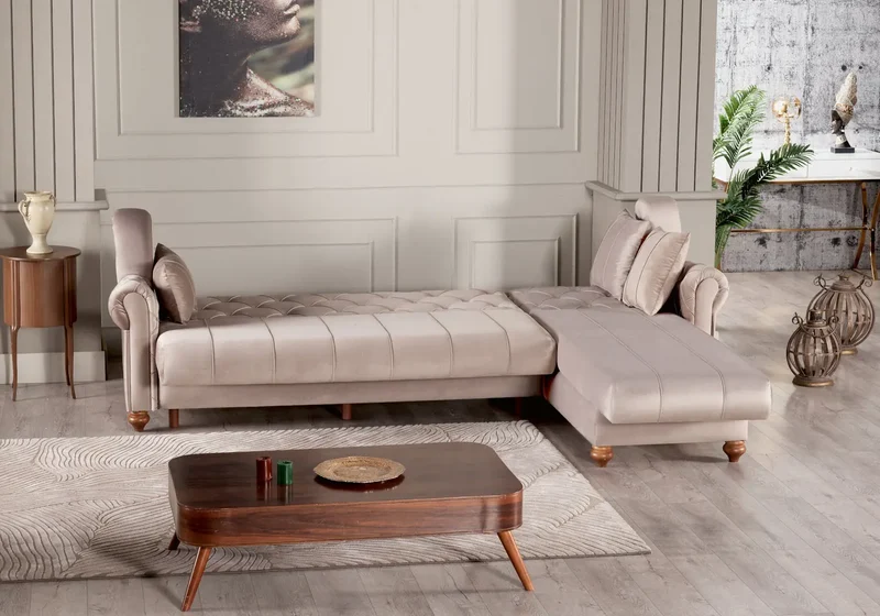 Canapé méridienne capitonné velours beige – MEVA