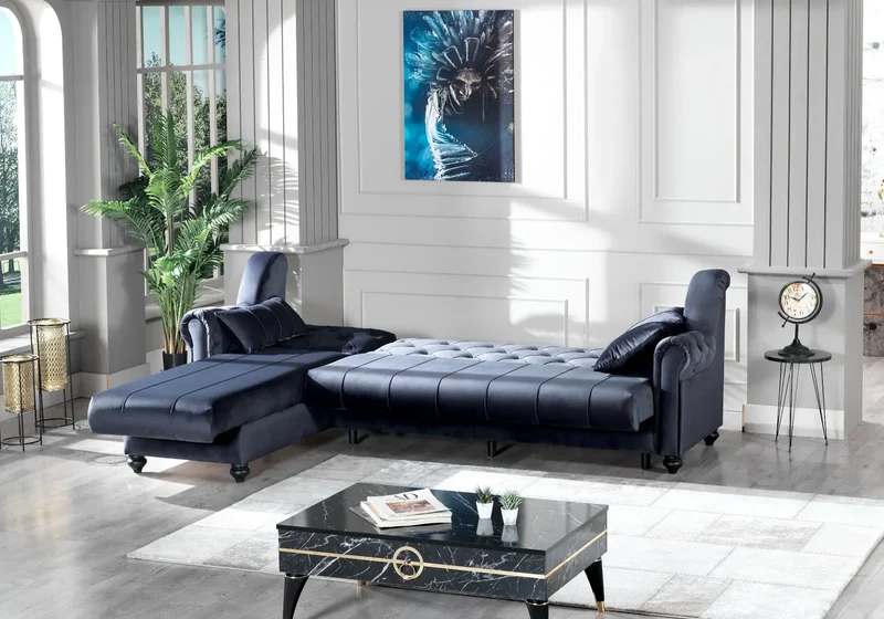 Canapé méridienne velours bleu nuit capitonné – MEVA